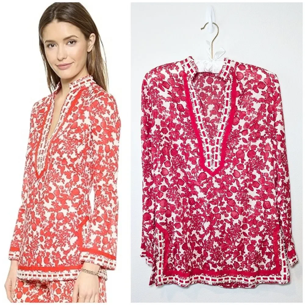 Tory Burch Red Floral Crochet Ribbon Details Blouse